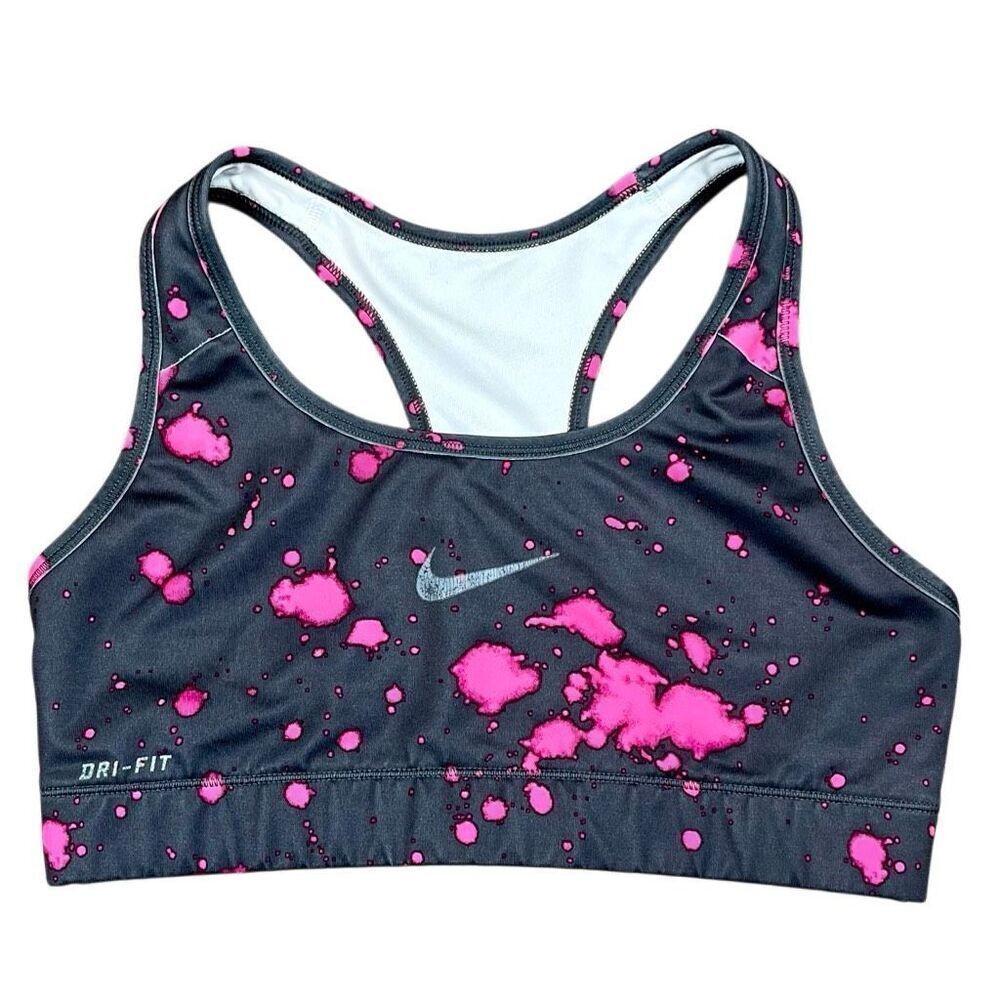 Nike Dri-FIT Black Neon Pink Splatter Racerback Sports Bra Swoosh